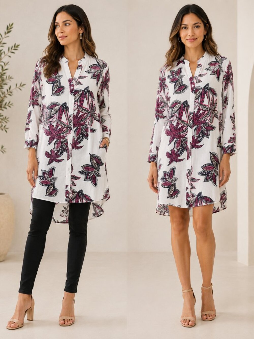 White Magenta Black Botanical Print Button Down Shirt Dress S/M